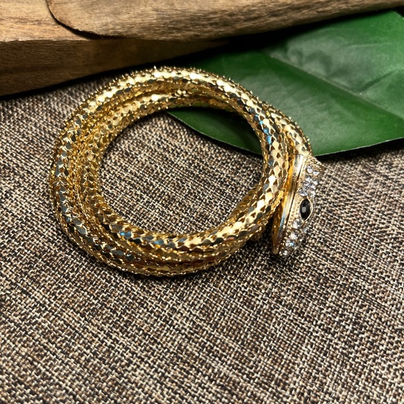 2296-ATT Inlaid Rhinestone Gold Tone Snake Bangle Bracelet - Picture 8 of 12
